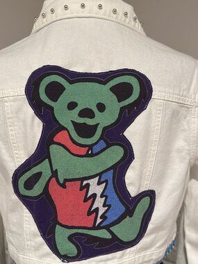 Grateful Dead Dancing Bear Studded White Denim Cropped Jean Jacket